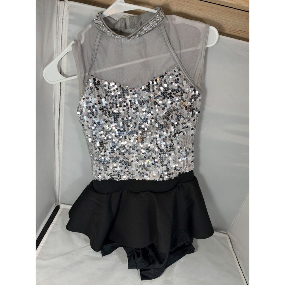 Weissman MCL-IN Silver Sequin Black Skirted Dance Costume size SA Small Adult